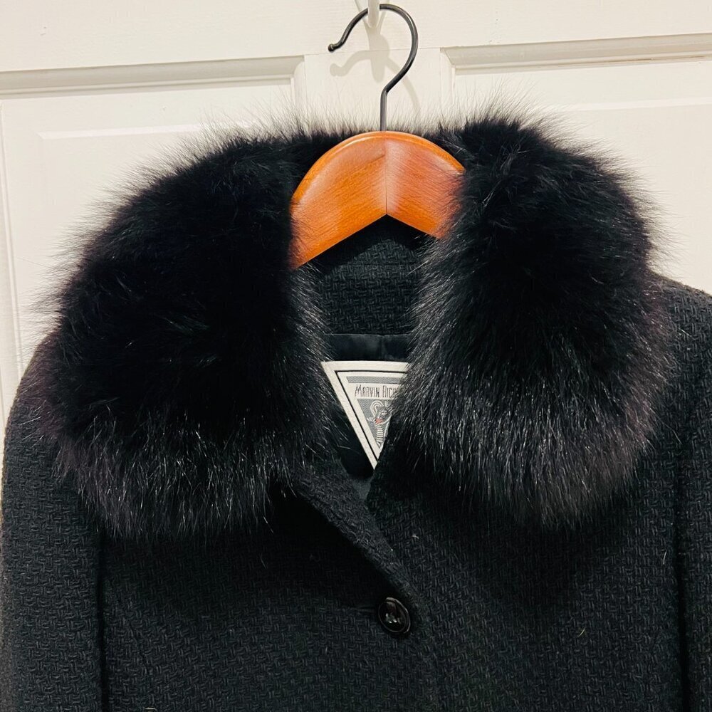 Vintage Marvin Richards Coat 4 Black Boucle Wool Fox Fur Collar USA - Picture 3 of 16